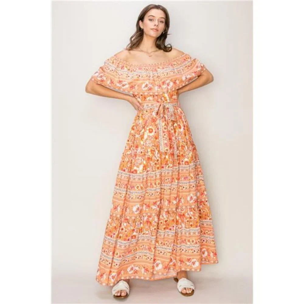 NWT 🌺 HYFVE Floral Off-Shoulder Tie Front Maxi Dress, Apricot, Flowy, Feminine - Picture 1 of 5